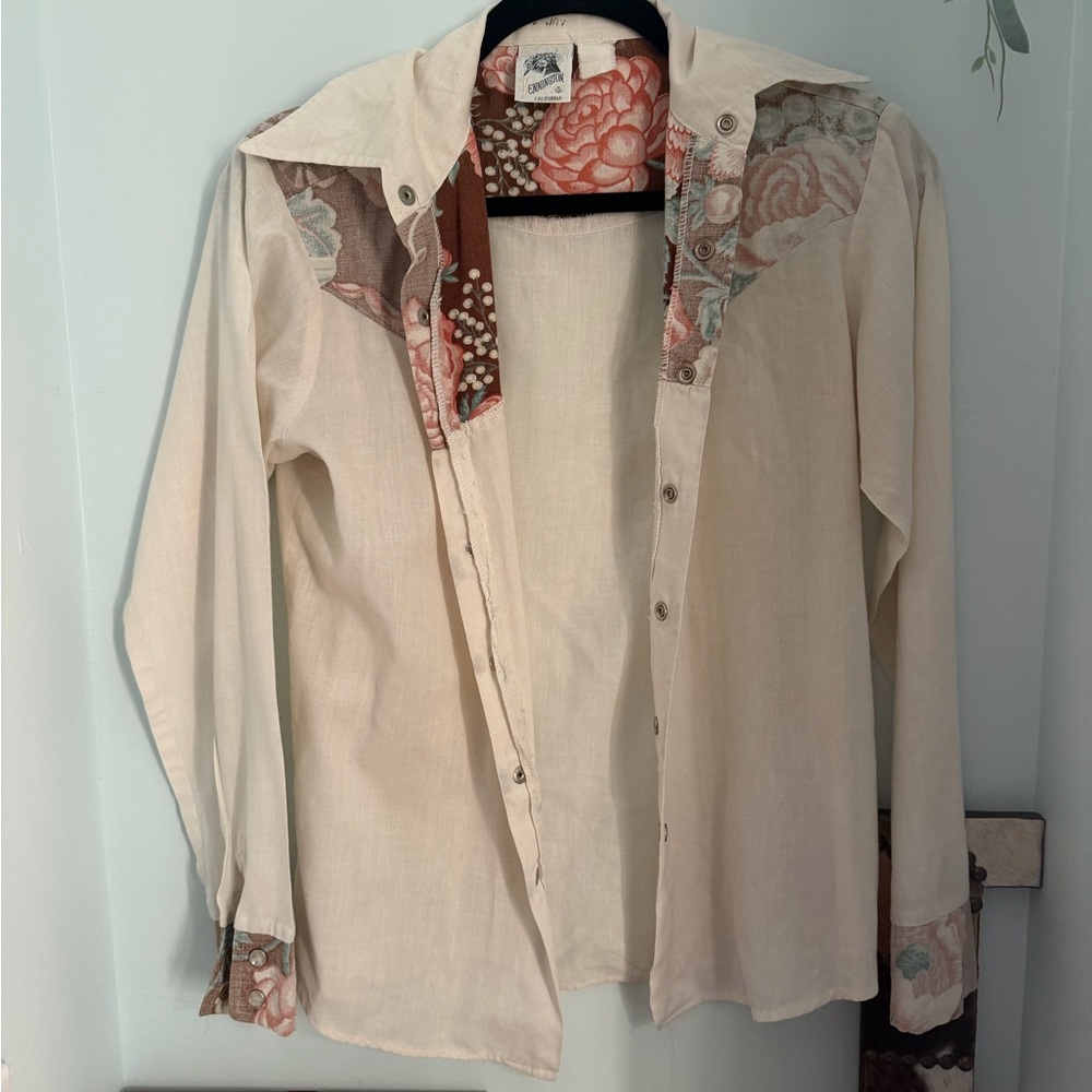 Cream Button-Down Shirt with Floral Trim